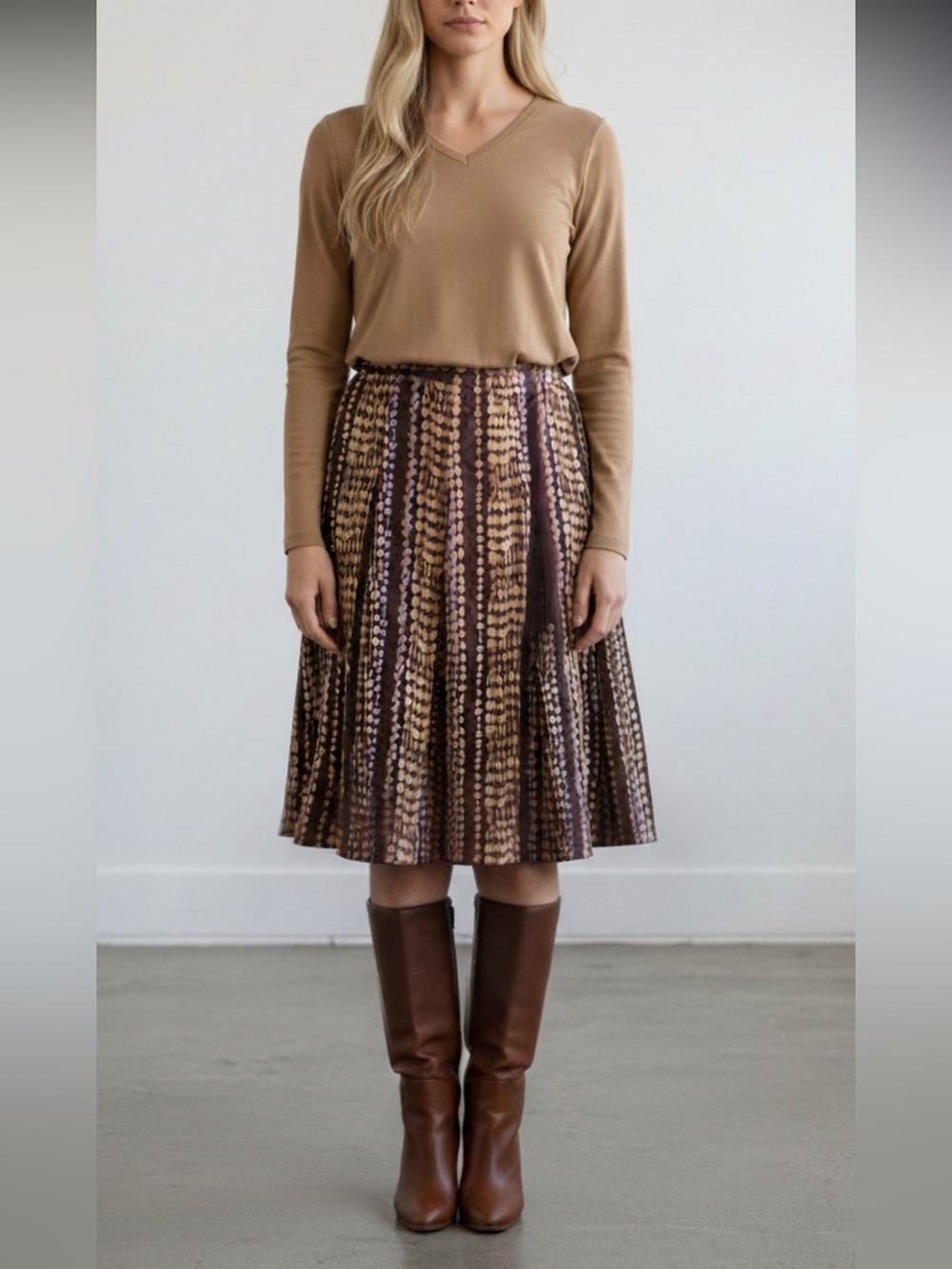 New York & Company Brown and Tan Printed Pleated Midi Skirt